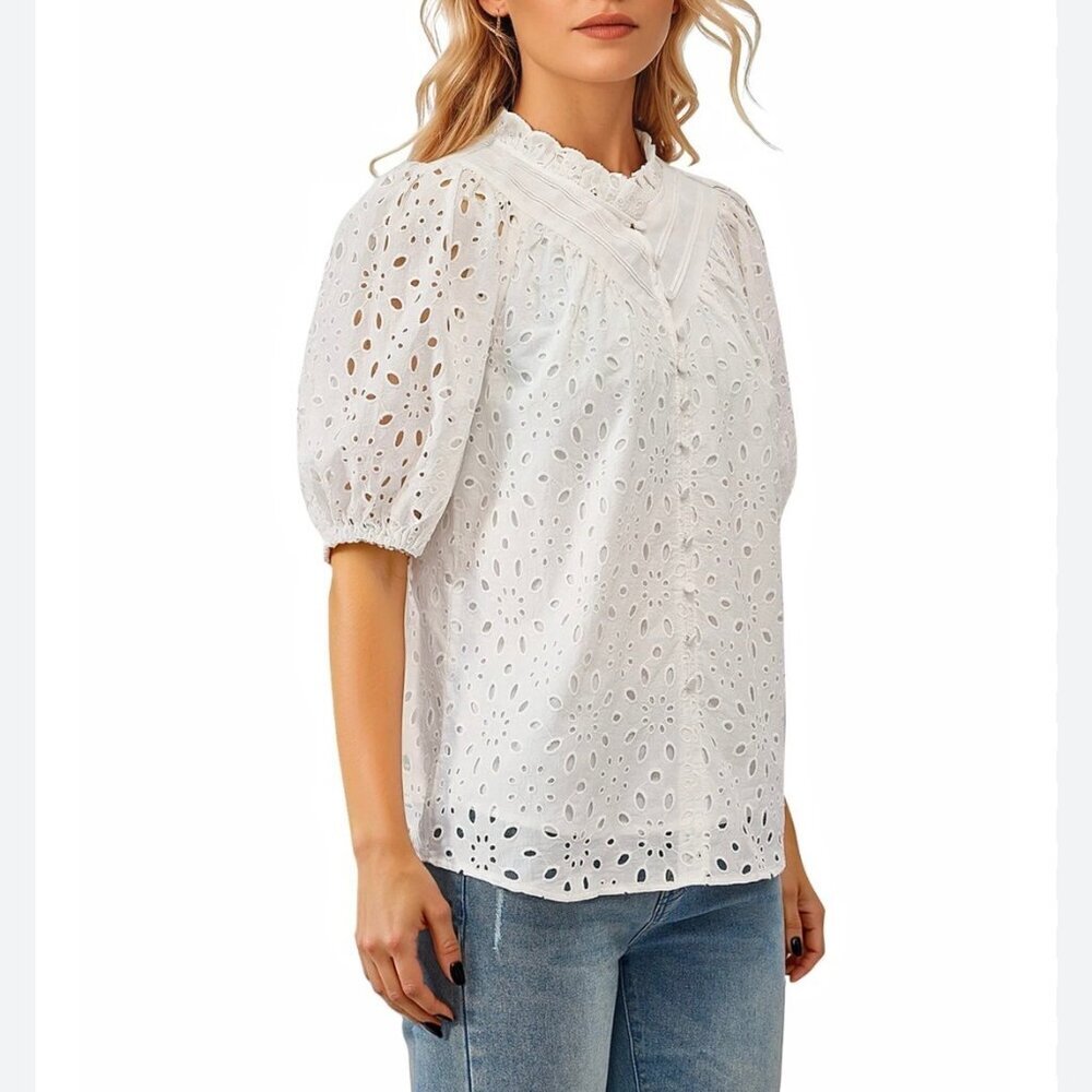 PRETTYGARDEN Small Eyelet White Puff Sleeve Top Blouse Cottage Country Boho